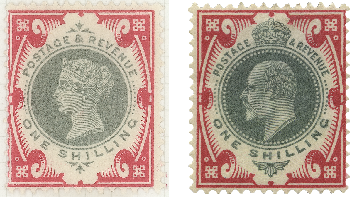 Two colour stamps in red and grey ink on cream paper. The stamp on the left has a centred portrait of a woman in a crown, and the words 'Postage & Revenue One Shilling' around the image. The stamp on the right has a centred portrait of a man with a crown, and the words 'Postage Revenue & One Shilling'.